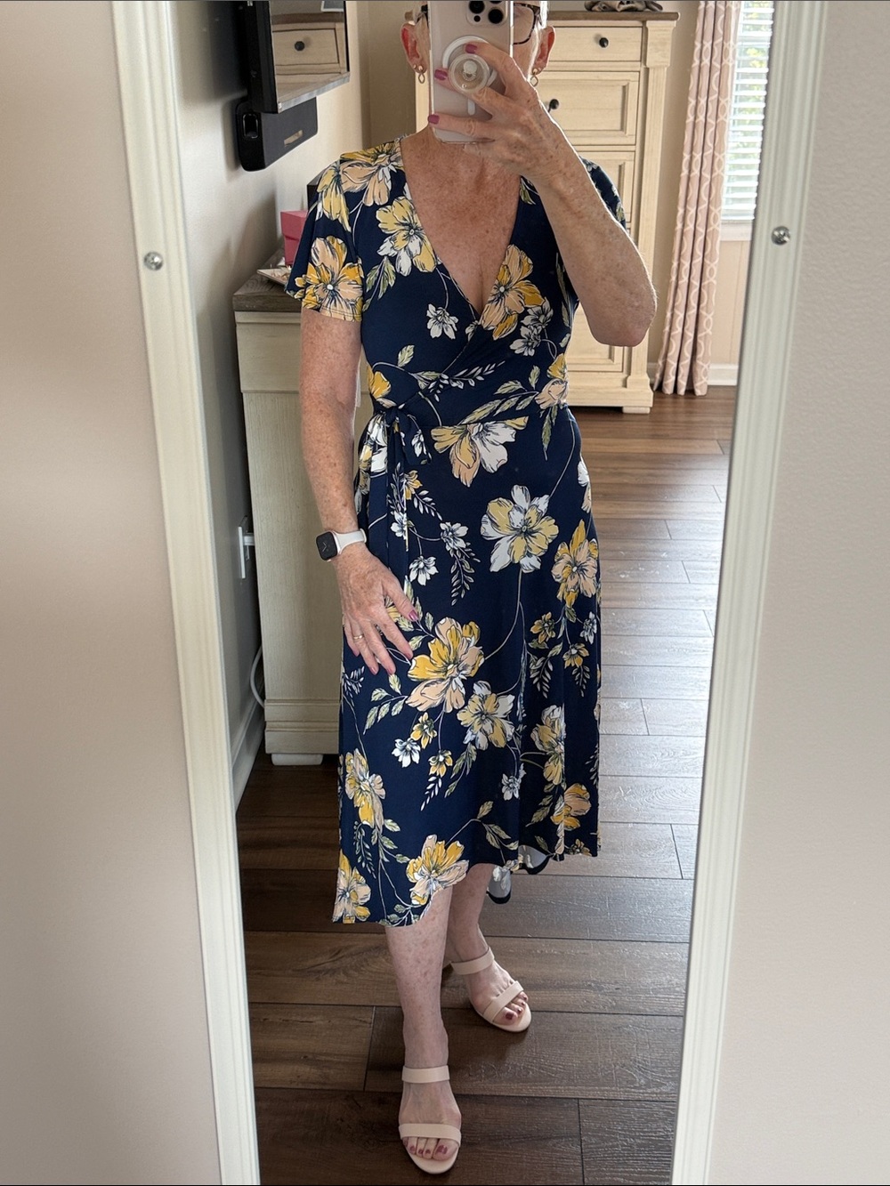 BCX Floral Faux Wrap Midi Dress in Navy and Yellow